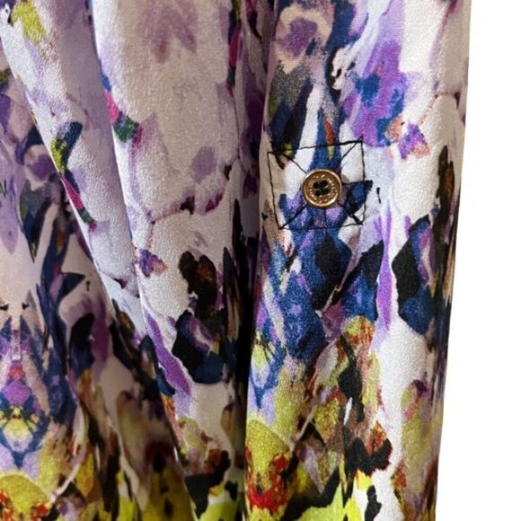 Calvin Klein Button Front Top Silky Abstract Artsy Black Blue Red Size Large - Picture 6 of 13